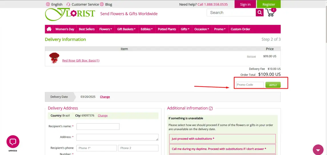 Onde inserir cupom de desconto Cyber Florist
