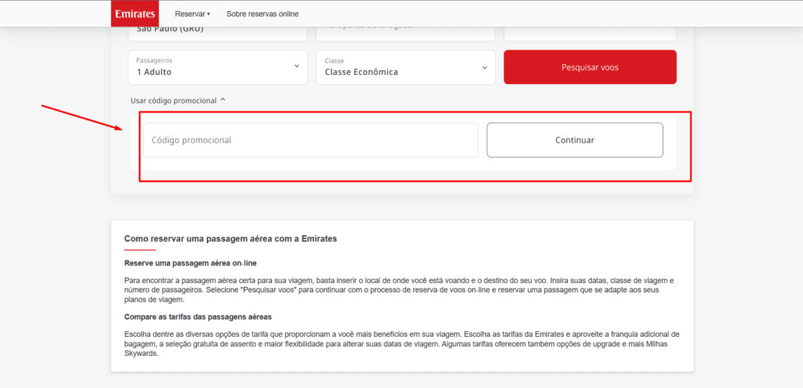 Onde inserir cupom de desconto Emirates