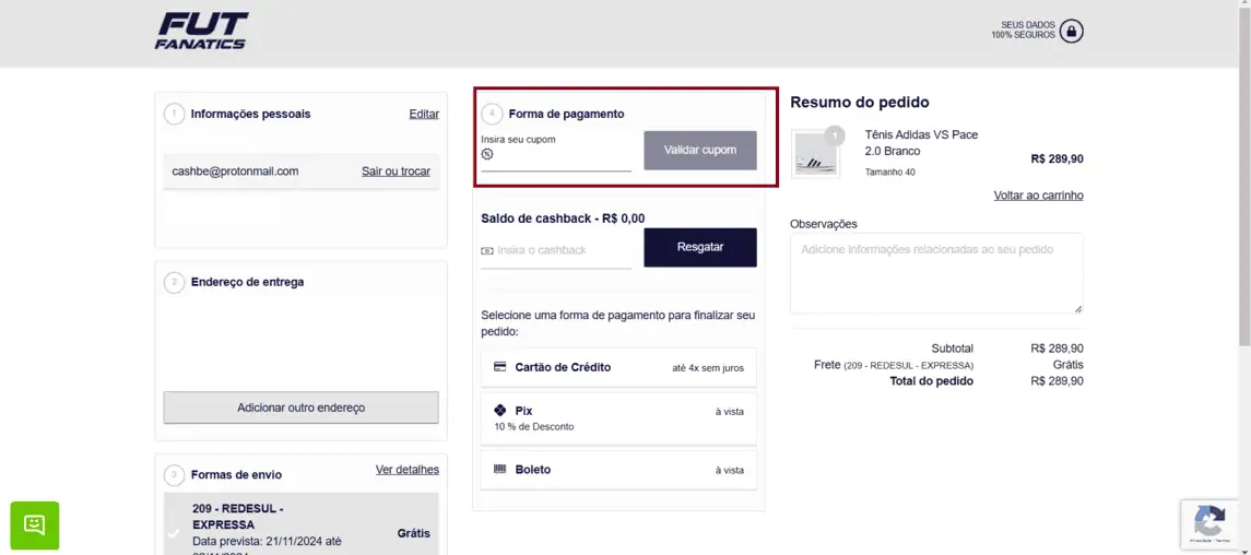 Onde inserir cupom de desconto FutFanatics