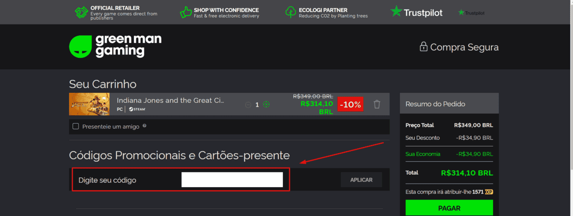 Onde inserir cupom de desconto Green Man Gaming