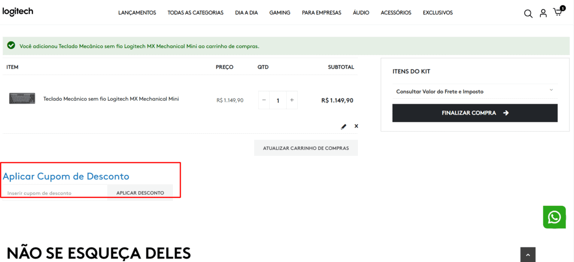 Onde inserir cupom de desconto Logitech