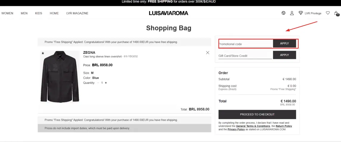 Onde inserir cupom de desconto Luisaviaroma