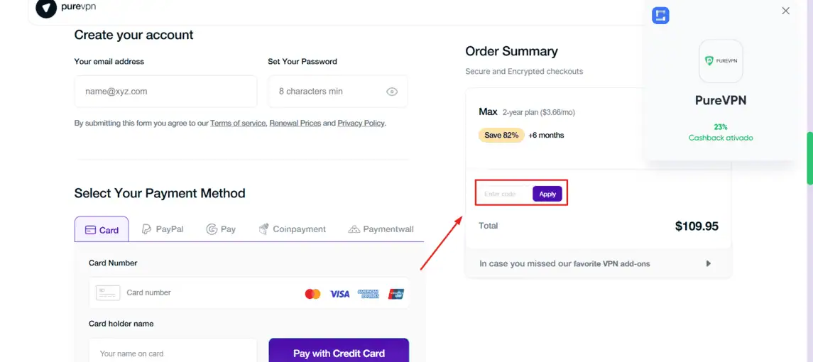 Onde inserir cupom de desconto PureVPN