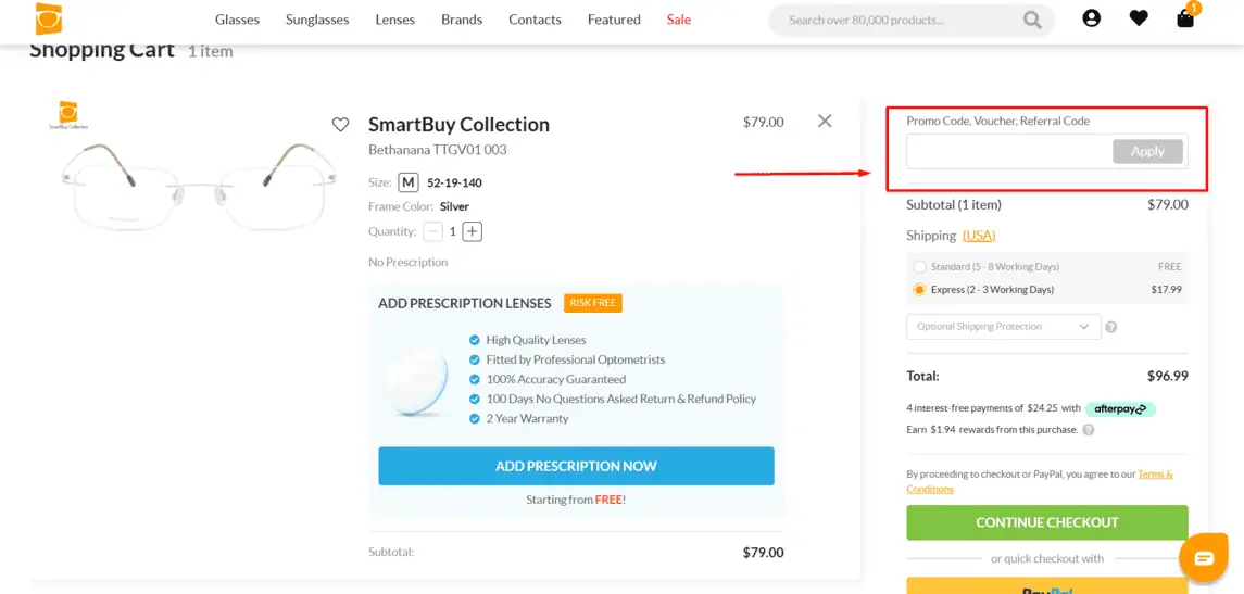 Onde inserir cupom de desconto SmartBuyGlasses