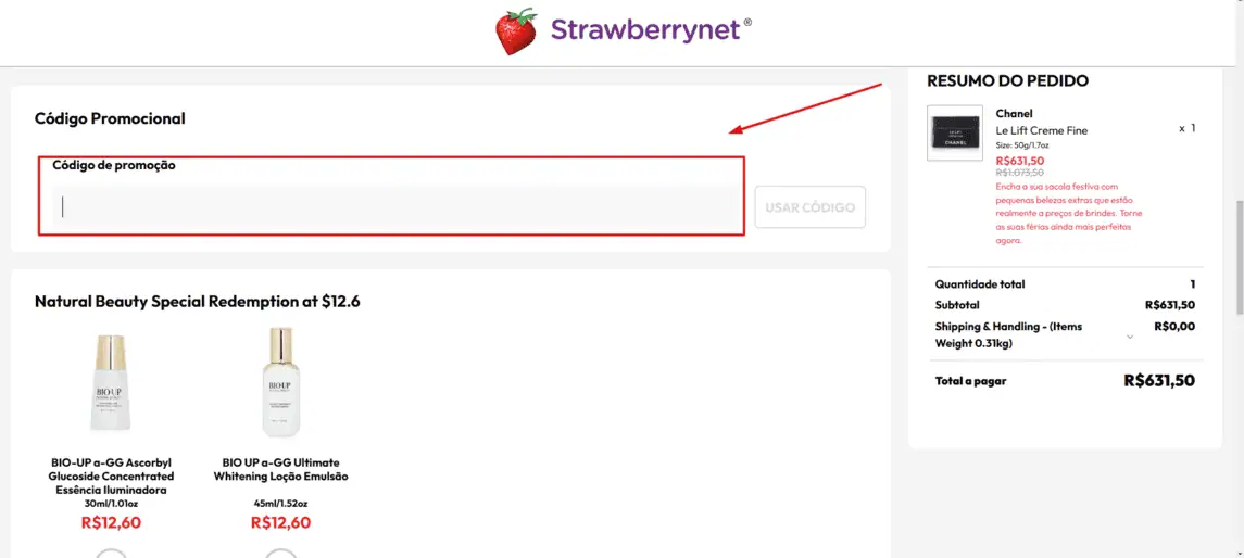 Onde inserir cupom de desconto Strawberrynet