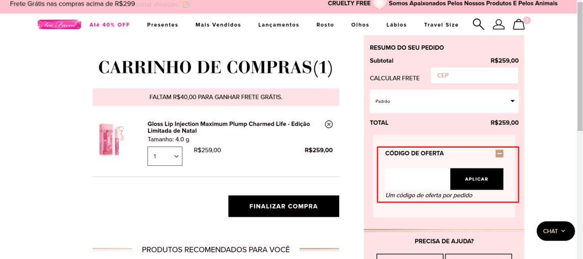 Onde inserir cupom de desconto Too Faced