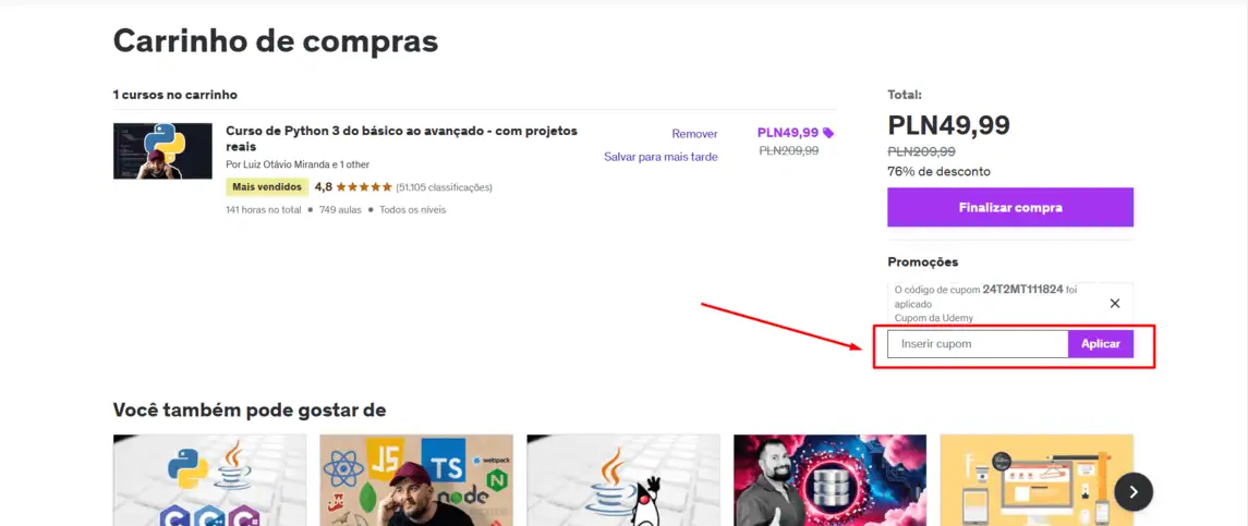Onde inserir cupom de desconto Udemy