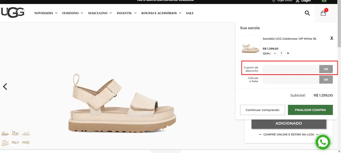 Onde inserir cupom de desconto UGG