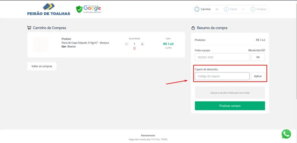 Onde inserir cupom de desconto Feira das Toalhas