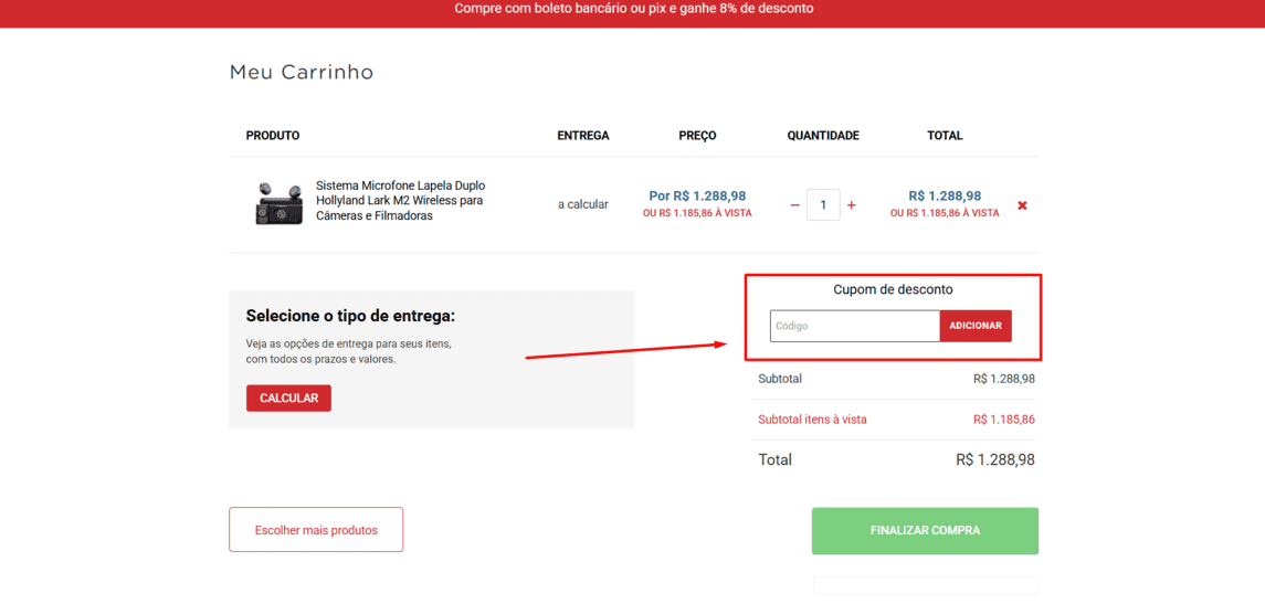 Onde inserir cupom de desconto EMania