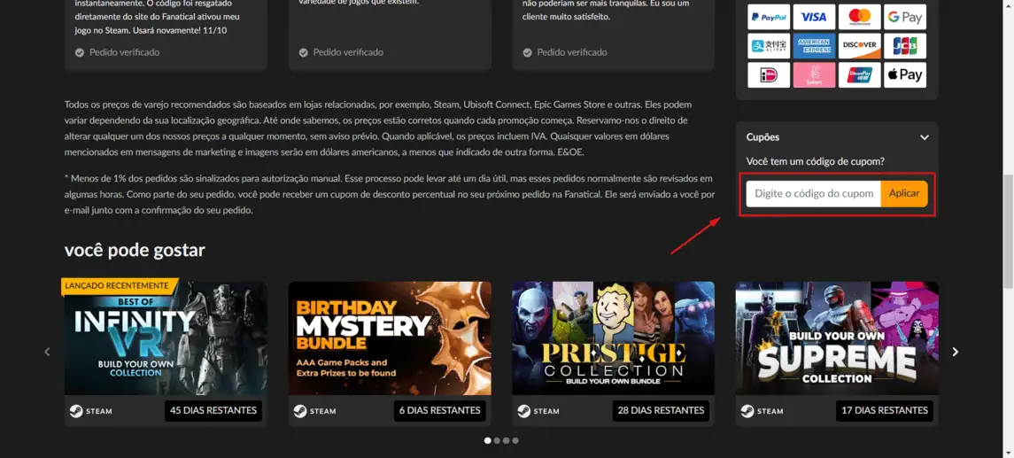 Onde inserir cupom de desconto Fanatical