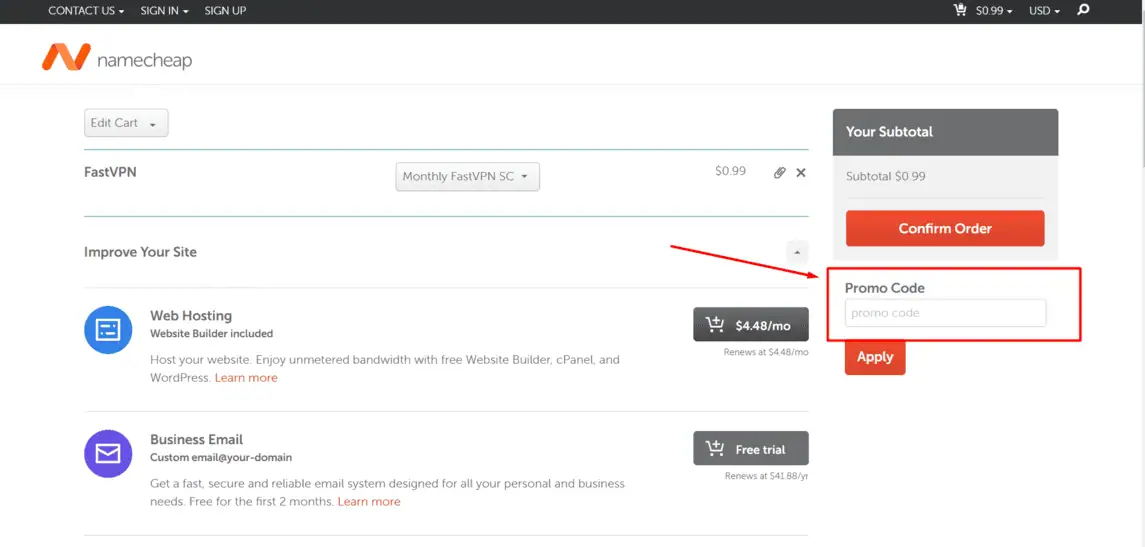 Onde inserir cupom de desconto Namecheap