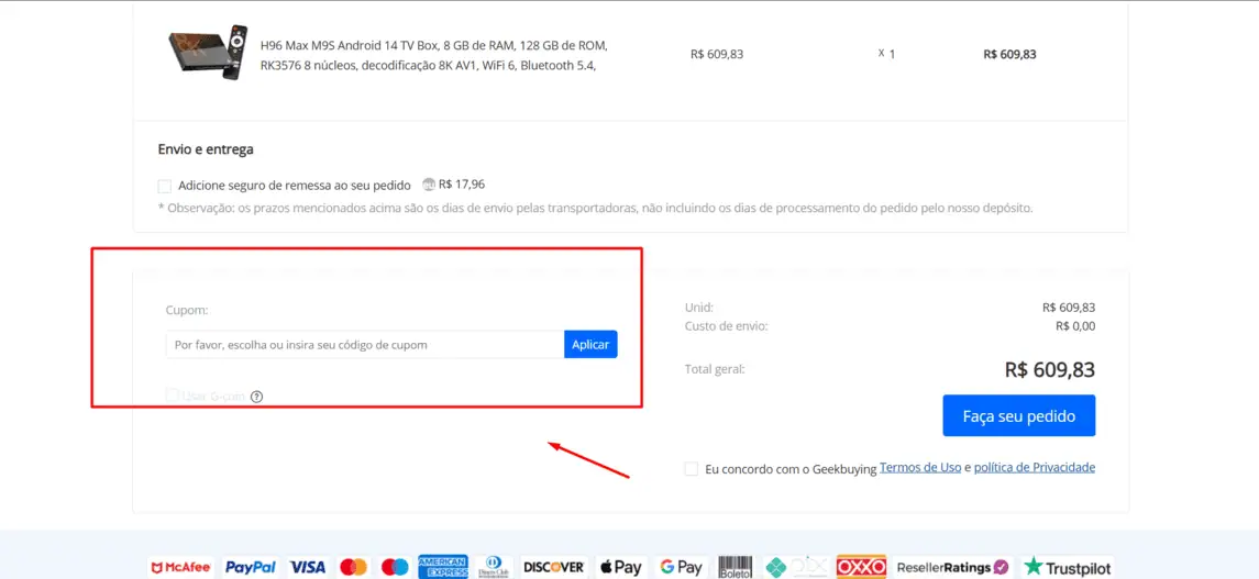 Onde inserir cupom de desconto GeekBuying.com