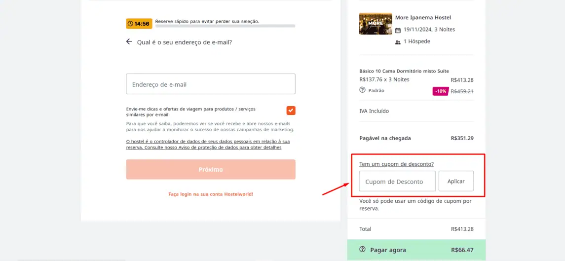 Onde inserir cupom de desconto Hostelworld