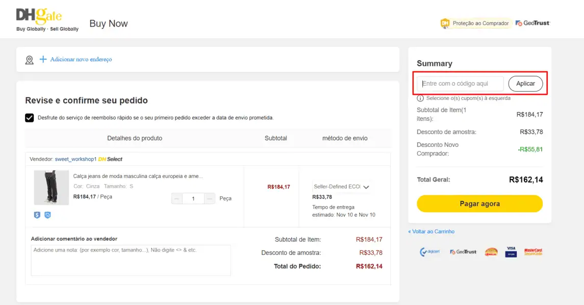 Onde inserir cupom de desconto DHgate