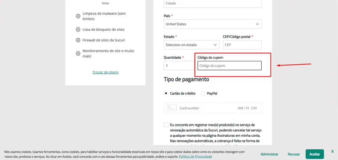 Onde inserir cupom de desconto Sucuri