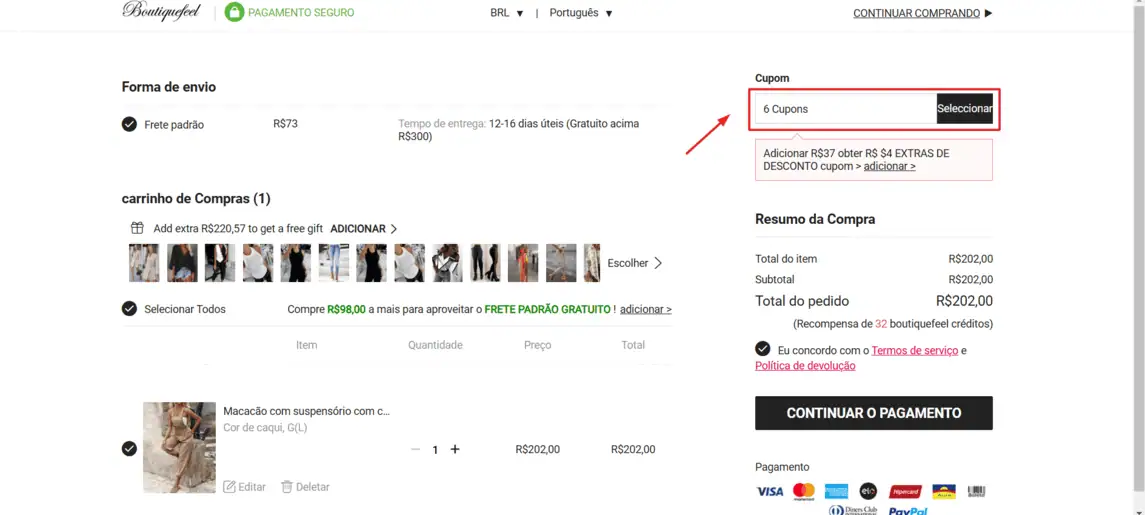 Onde inserir cupom de desconto Boutiquefeel