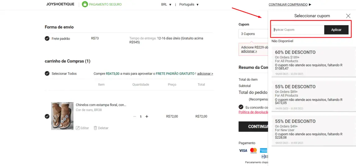 Onde inserir cupom de desconto Joyshoetique