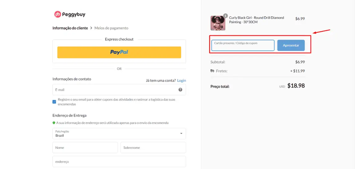 Onde inserir cupom de desconto Peggybuy