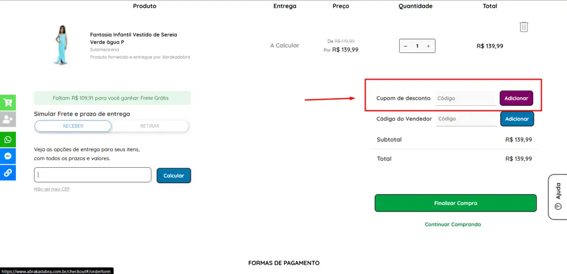 Onde inserir cupom de desconto Abrakadabra Fantasias