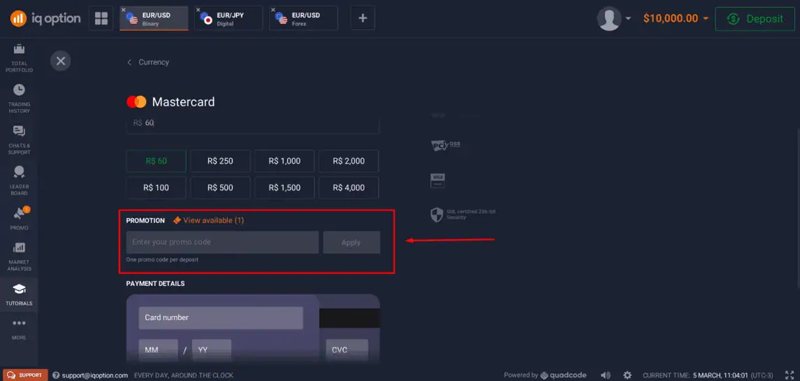 Onde inserir cupom de desconto IQoption