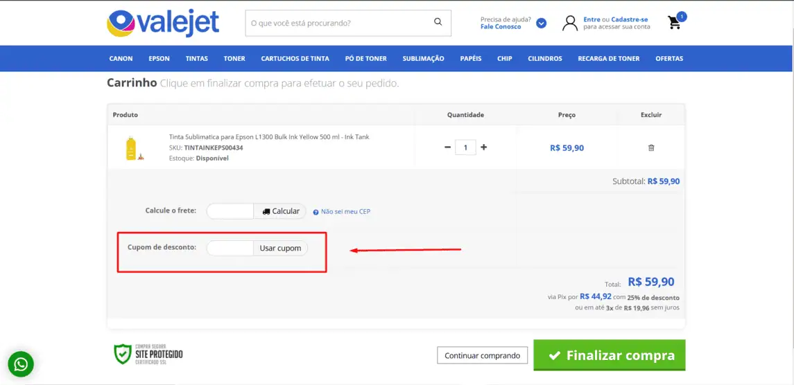 Onde inserir cupom de desconto Valejet