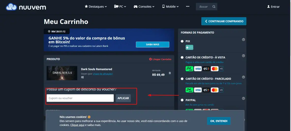 Onde inserir cupom de desconto Nuuvem