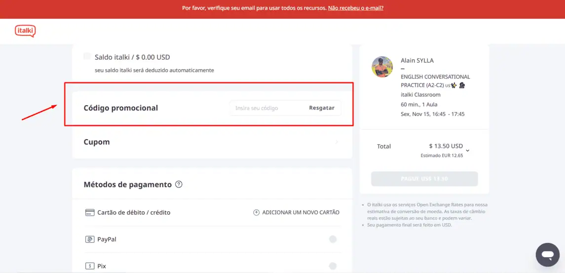 Onde inserir cupom de desconto Italki