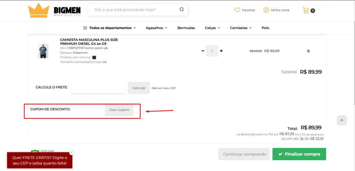 Onde inserir cupom de desconto Bigmen