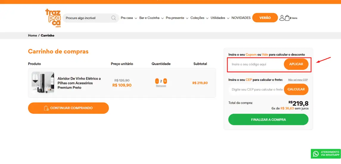 Onde inserir cupom de desconto Trazpraca