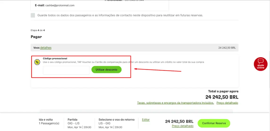 Onde inserir cupom de desconto TAP Airlines
