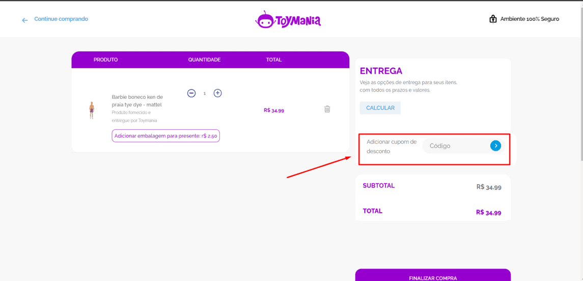Onde inserir cupom de desconto Toymania