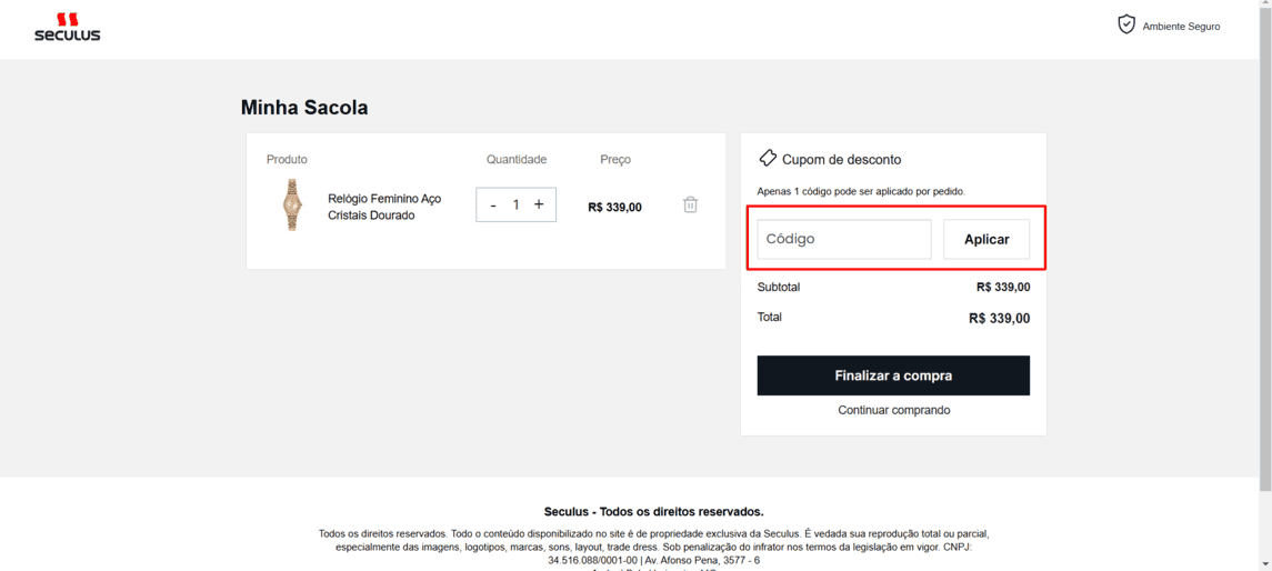 Onde inserir cupom de desconto Seculus