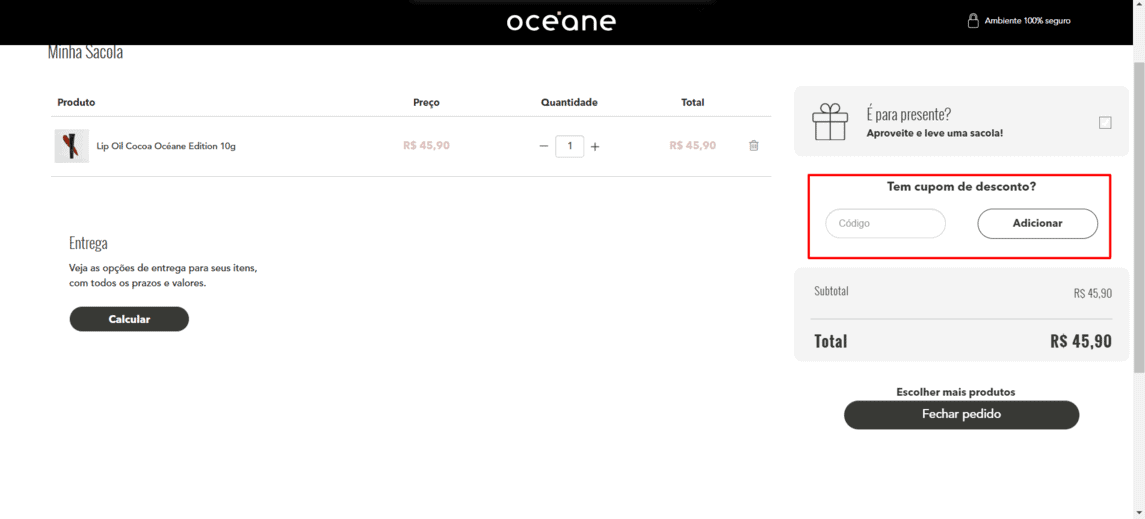 Onde inserir cupom de desconto Océane