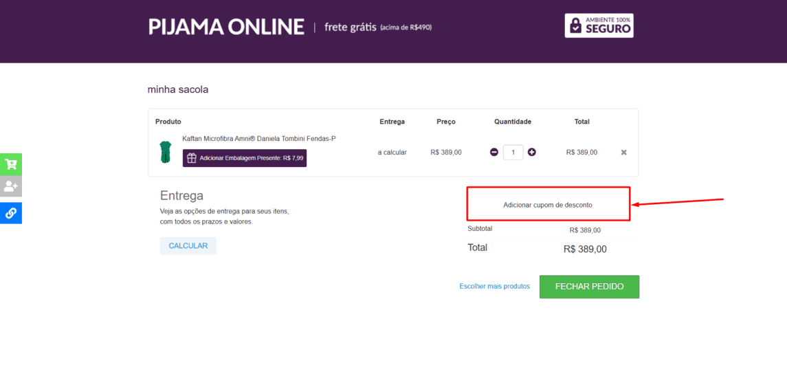 Onde inserir cupom de desconto Pijama Online
