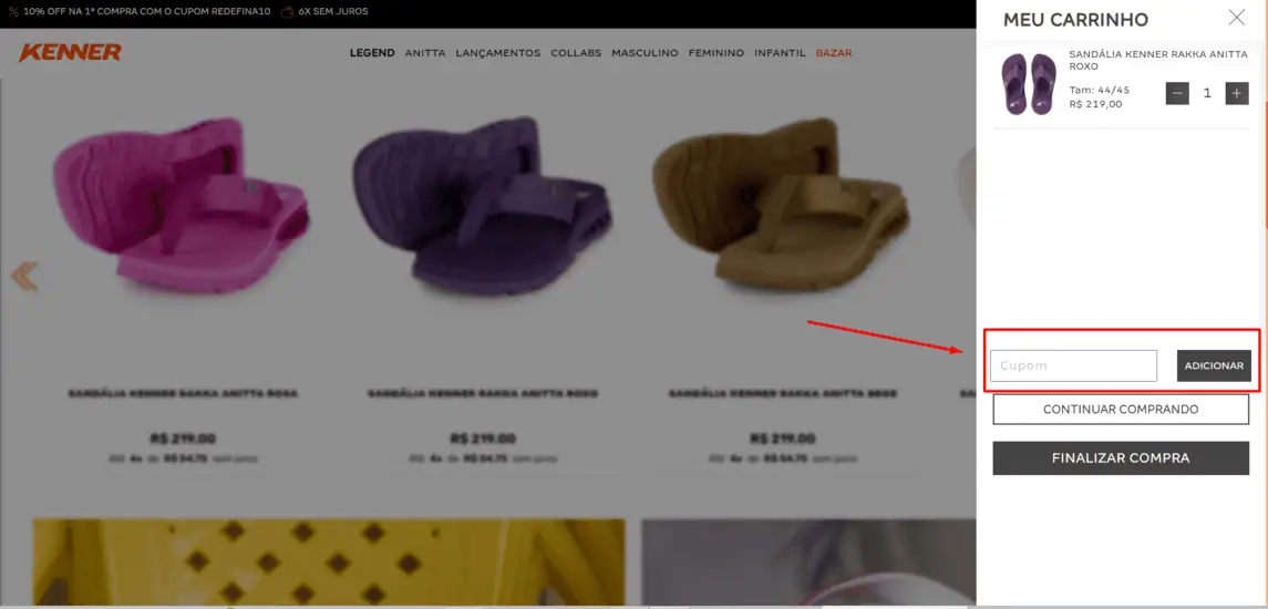 Onde inserir cupom de desconto Kenner