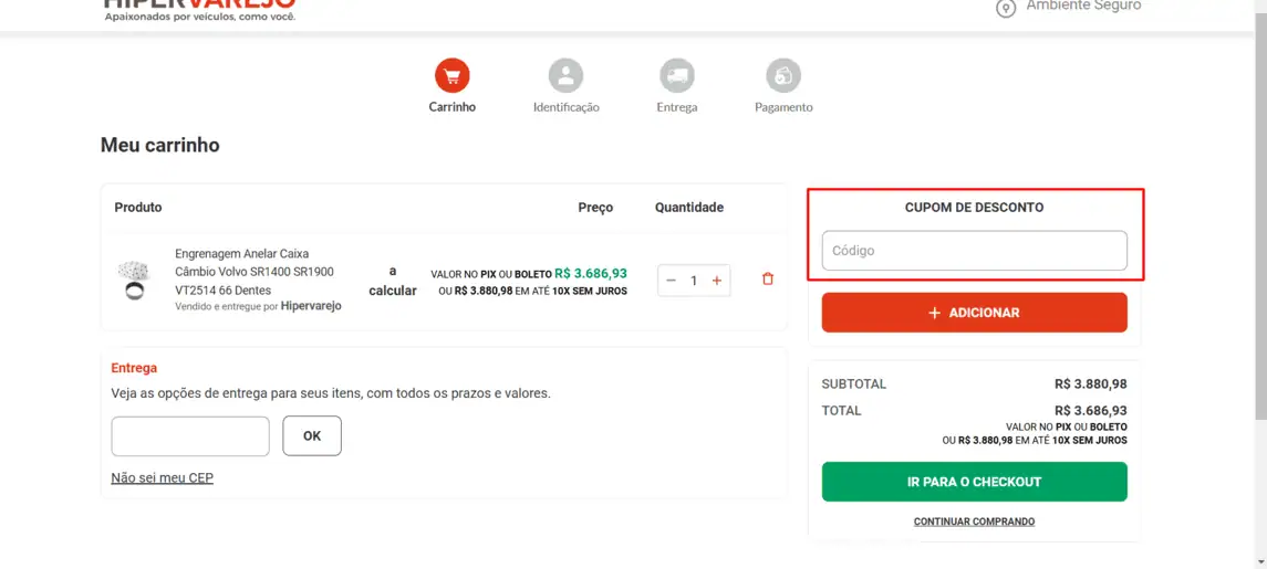Onde inserir cupom de desconto Hipervarejo