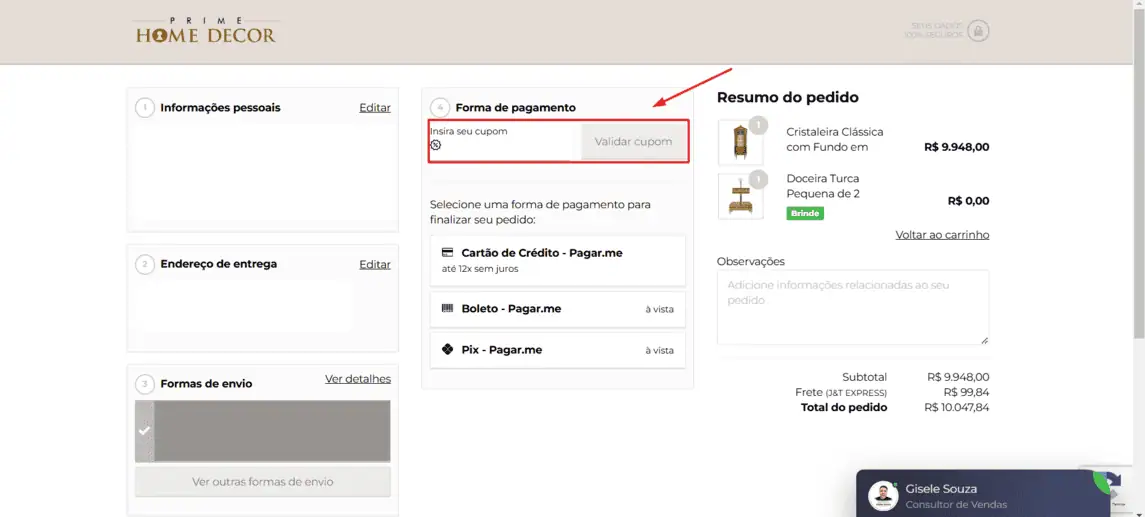 Onde inserir cupom de desconto Prime Home Decor