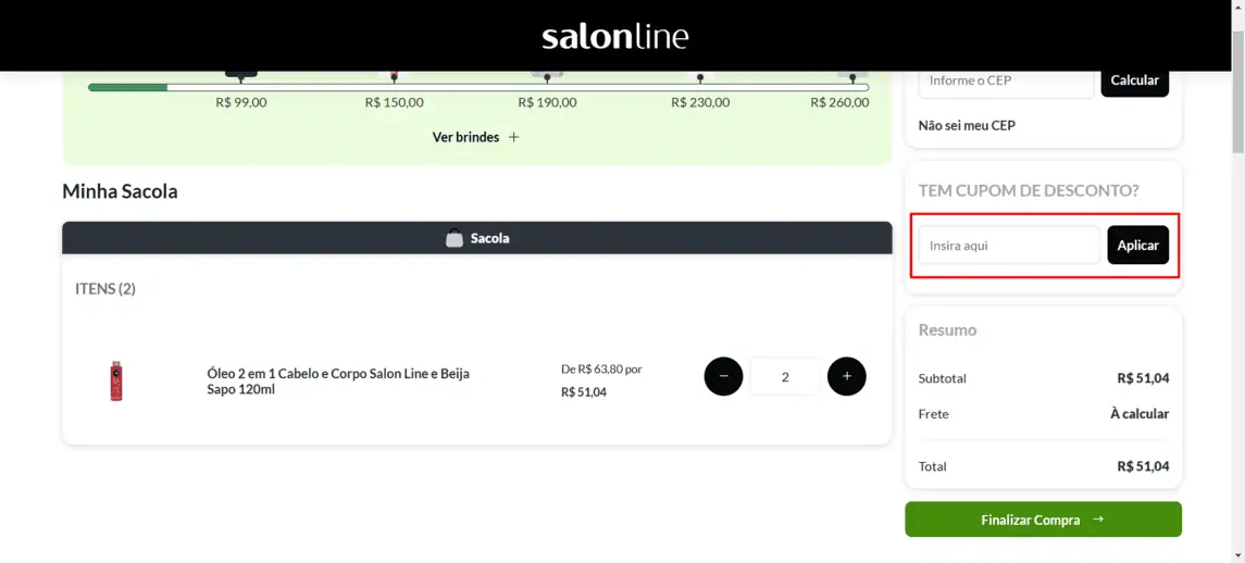 Onde inserir cupom de desconto Salon Line
