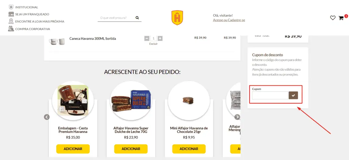 Onde inserir cupom de desconto Havanna