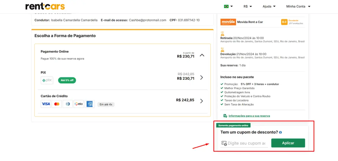 Onde inserir cupom de desconto Rentcars