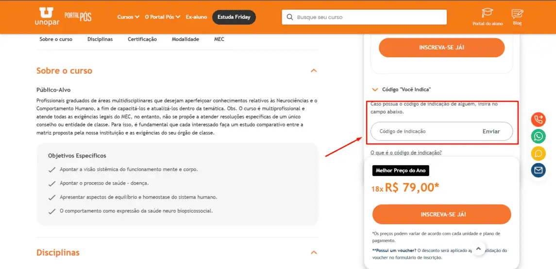 Onde inserir cupom de desconto Portal Pós