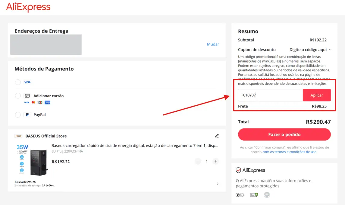 Onde inserir cupom de desconto Aliexpress