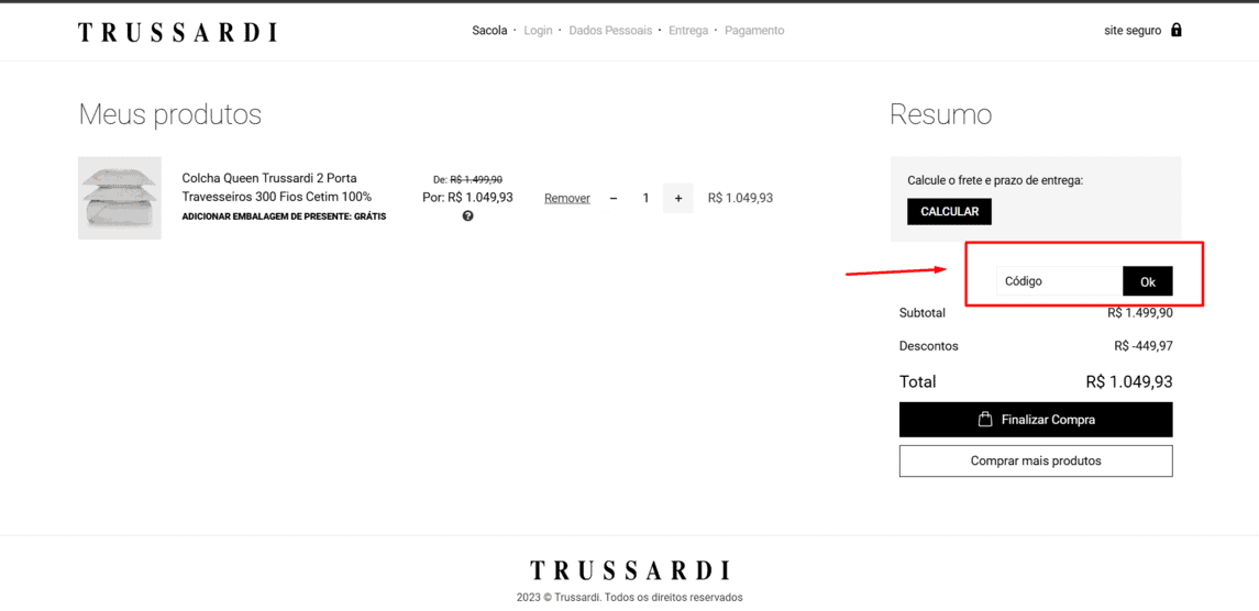 Onde inserir cupom de desconto Trussardi