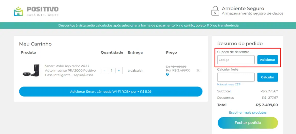 Onde inserir cupom de desconto Positivo Casa Inteligente