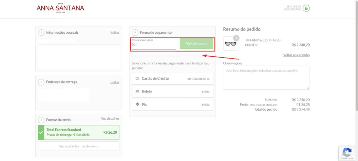 Onde inserir cupom de desconto Ótica Santana
