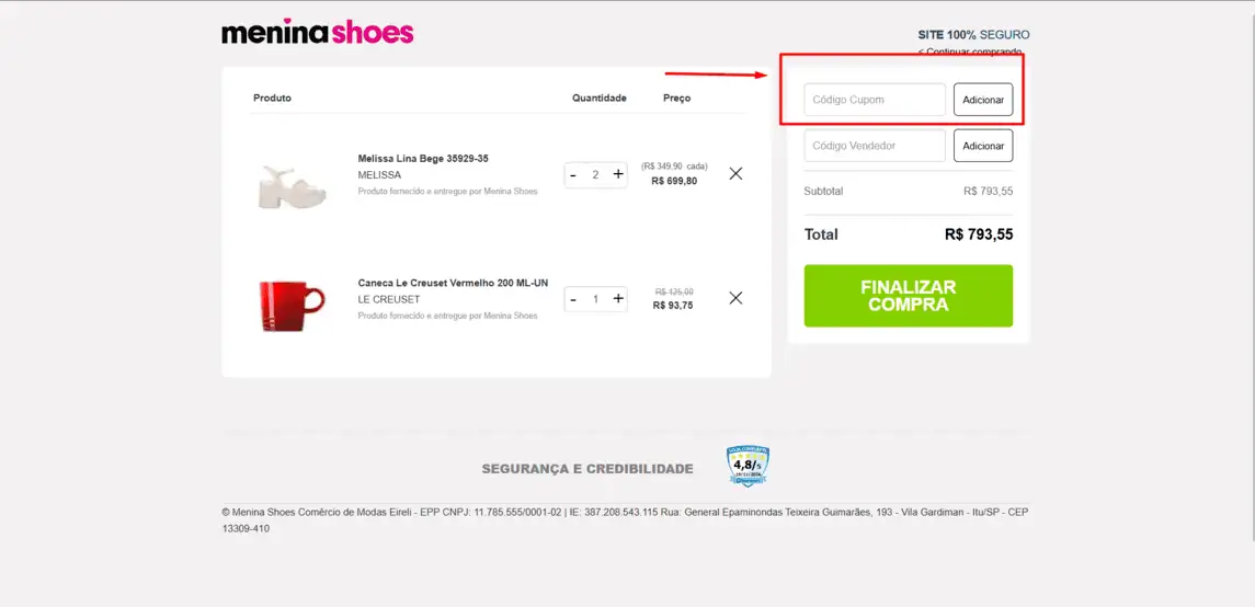 Onde inserir cupom de desconto Menina Shoes