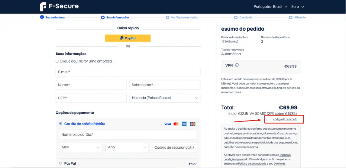 Onde inserir cupom de desconto F-Secure VPN