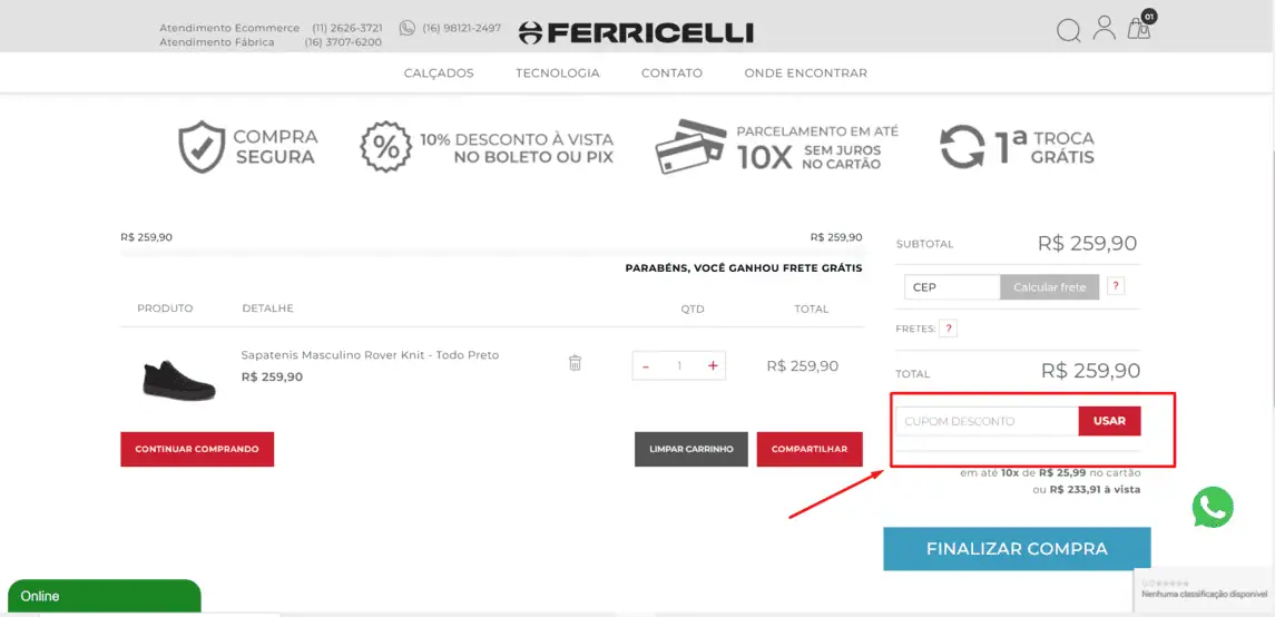 Onde inserir cupom de desconto Ferricelli