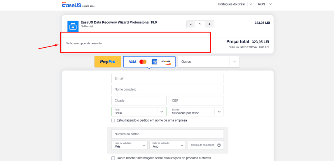 Onde inserir cupom de desconto EaseUS Software